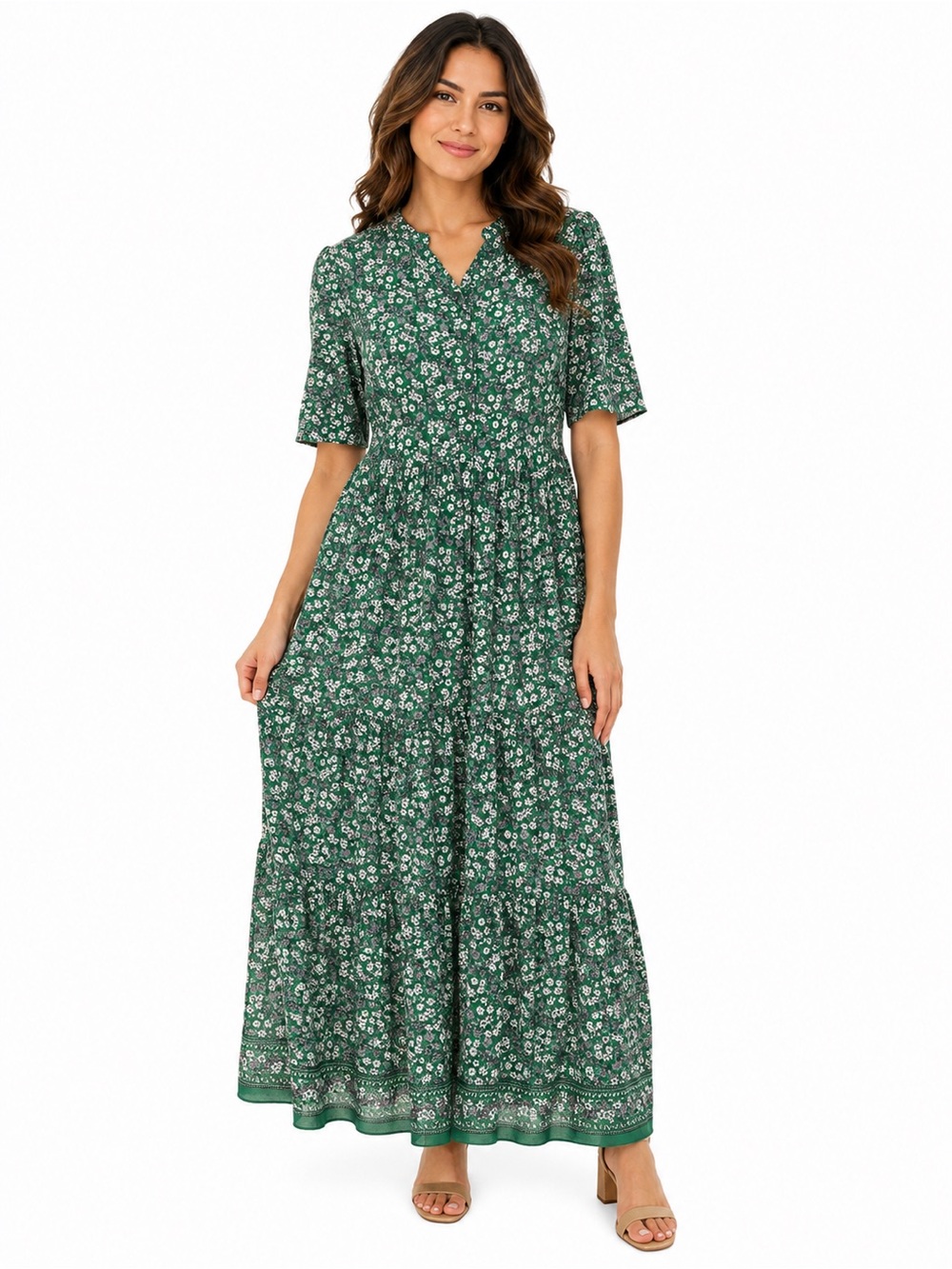 Max Studio Green Floral Tiered Maxi Dress 3/4 Sleeve Boho Cottagecore